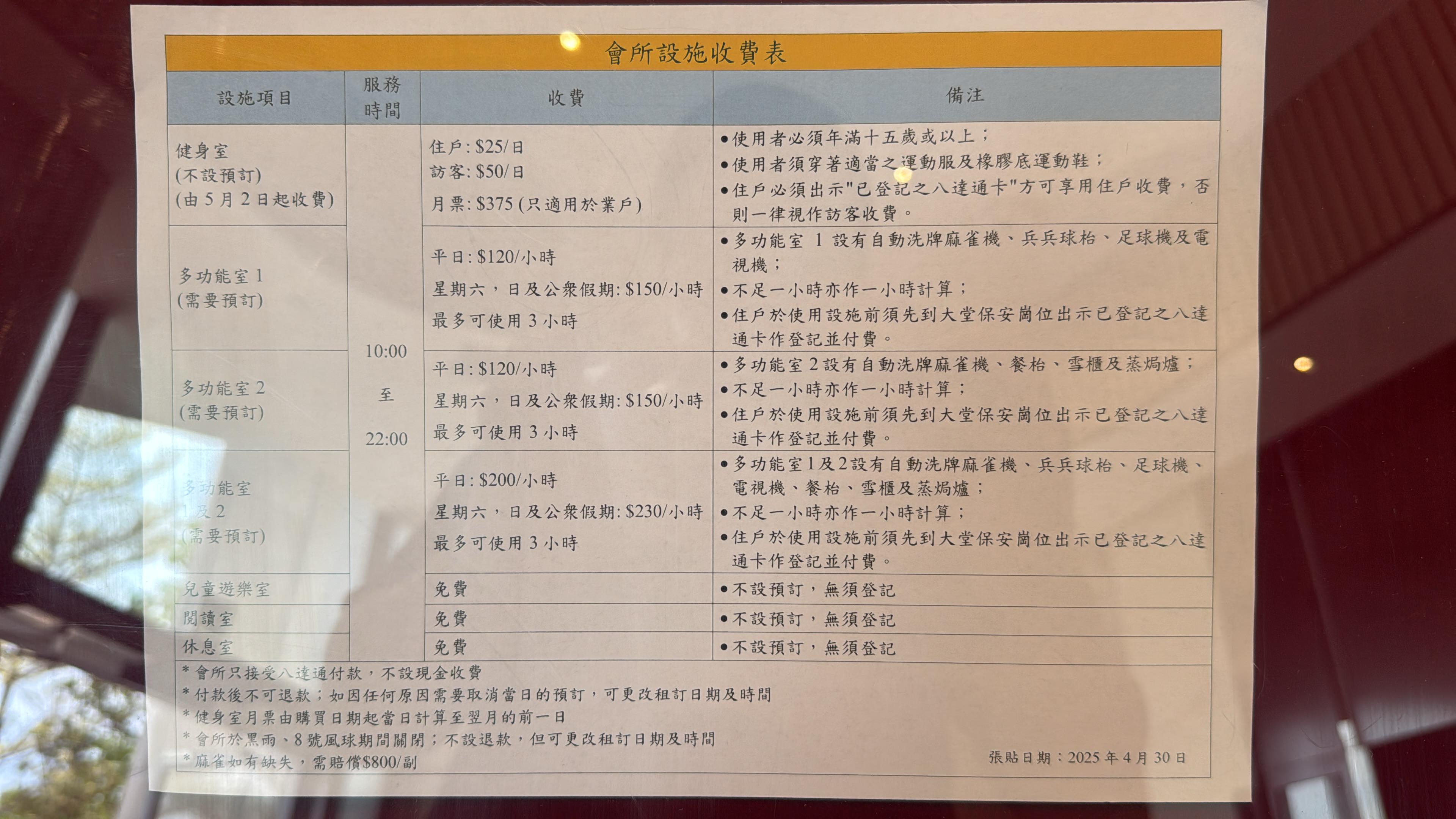 會所設施收費